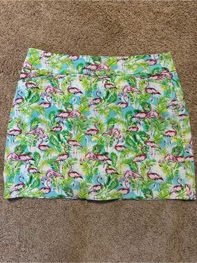 Attyre New York: Tropical Flamingo Print Women's Skirt - Blue & Pink